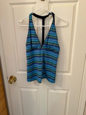 Athleta Tankini Top Navy Blue Stripes Tulum T Back Swimsuit Top Size Large NWT